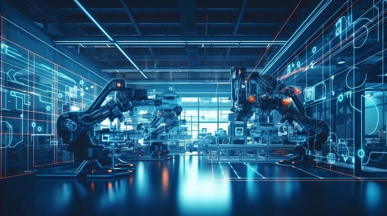 Intelligente Fabrik - Industrie 4.0 - Fortgeschrittene Automatisierung - Maschinen - Robotik - Futuristisches industrielles Umfeld - Innovation - Engineering - Technologischer Fortschritt - KI generiert