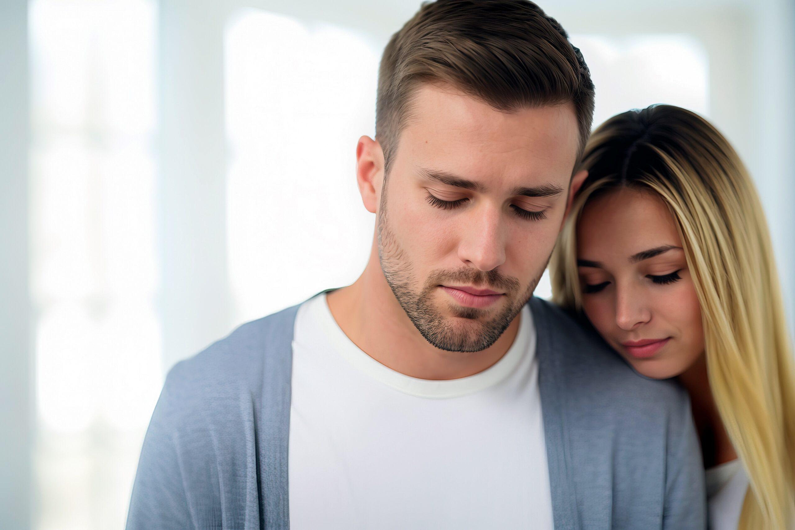 Ein junger Mann und eine junge Frau stehen eng beieinander und wirken nachdenklich und trauernd. Symbolisiert Unterstützung und Trost in schwierigen Zeiten.