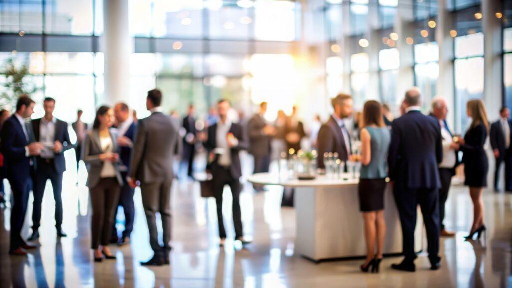 Teilnehmer stehen bei einer zauberer firmenfeier im Foyer und unterhalten sich in eleganter Business-Atmosphaere