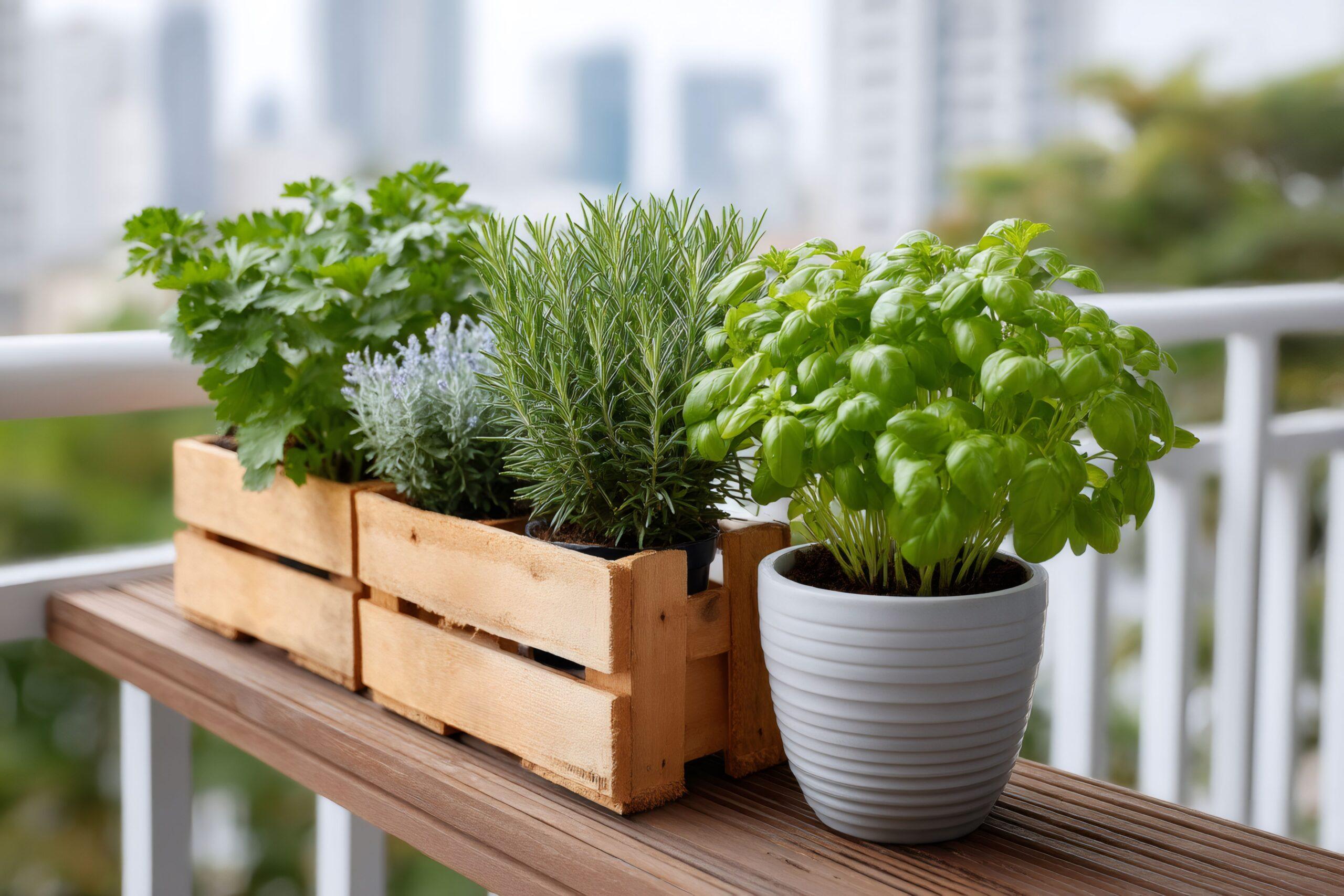 Holzbalkonkasten mit Kräutern auf einem modernen Balkon