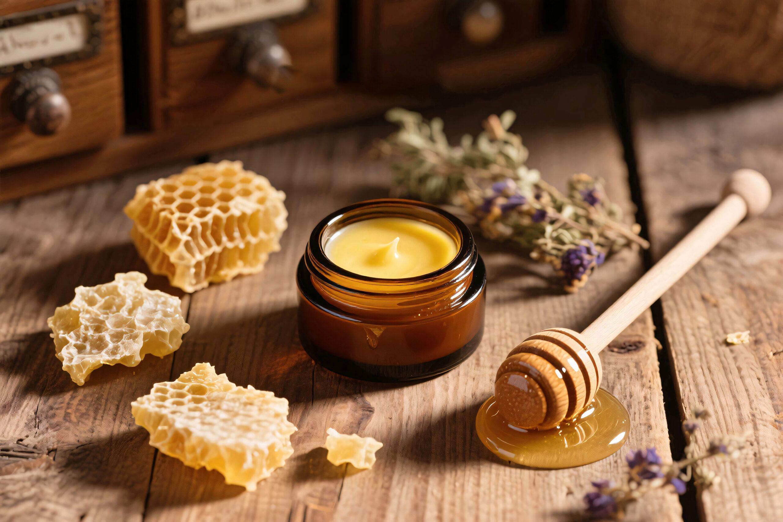 Naturkosmetikglas mit goldener Creme, umgeben von Honigwaben, Lavendel und Honiglöffel auf Holz
