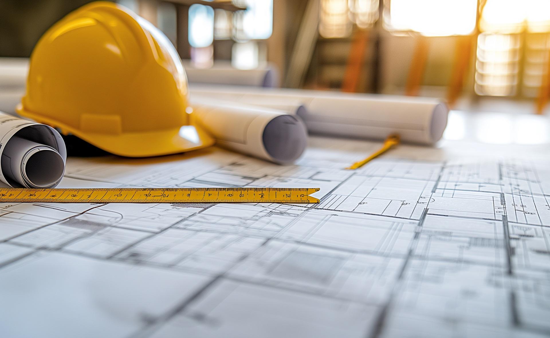 Bauzeichnungen mit Helm und Messwerkzeug | Betonschraube

