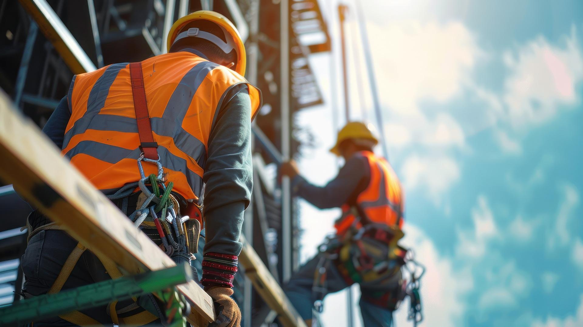 Zwei Bauarbeiter mit Sicherung am Gerüst | Betonschraube


