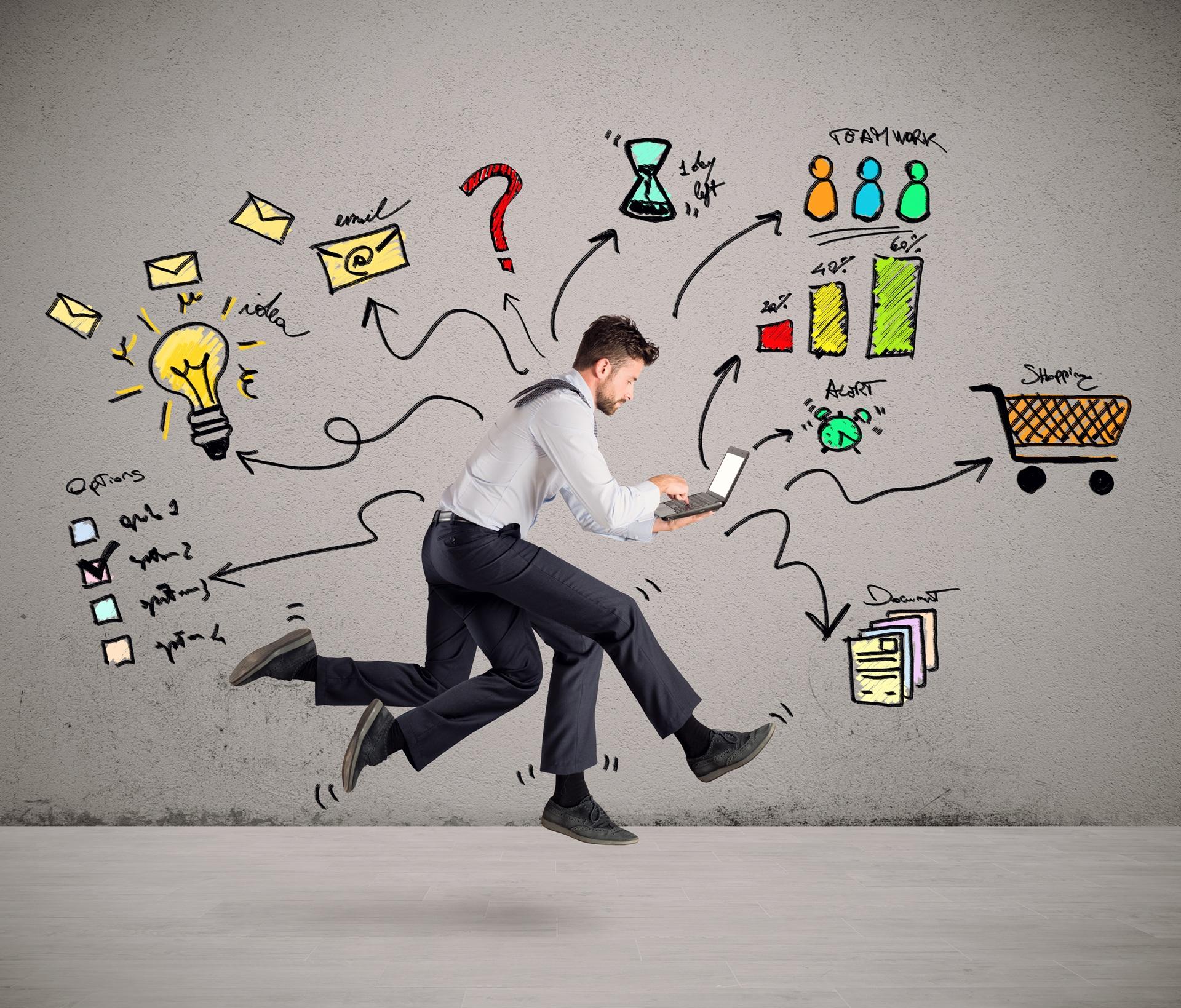 Mann rennt mit Laptop und Symbolen | EmployeeAssistanceProgram
